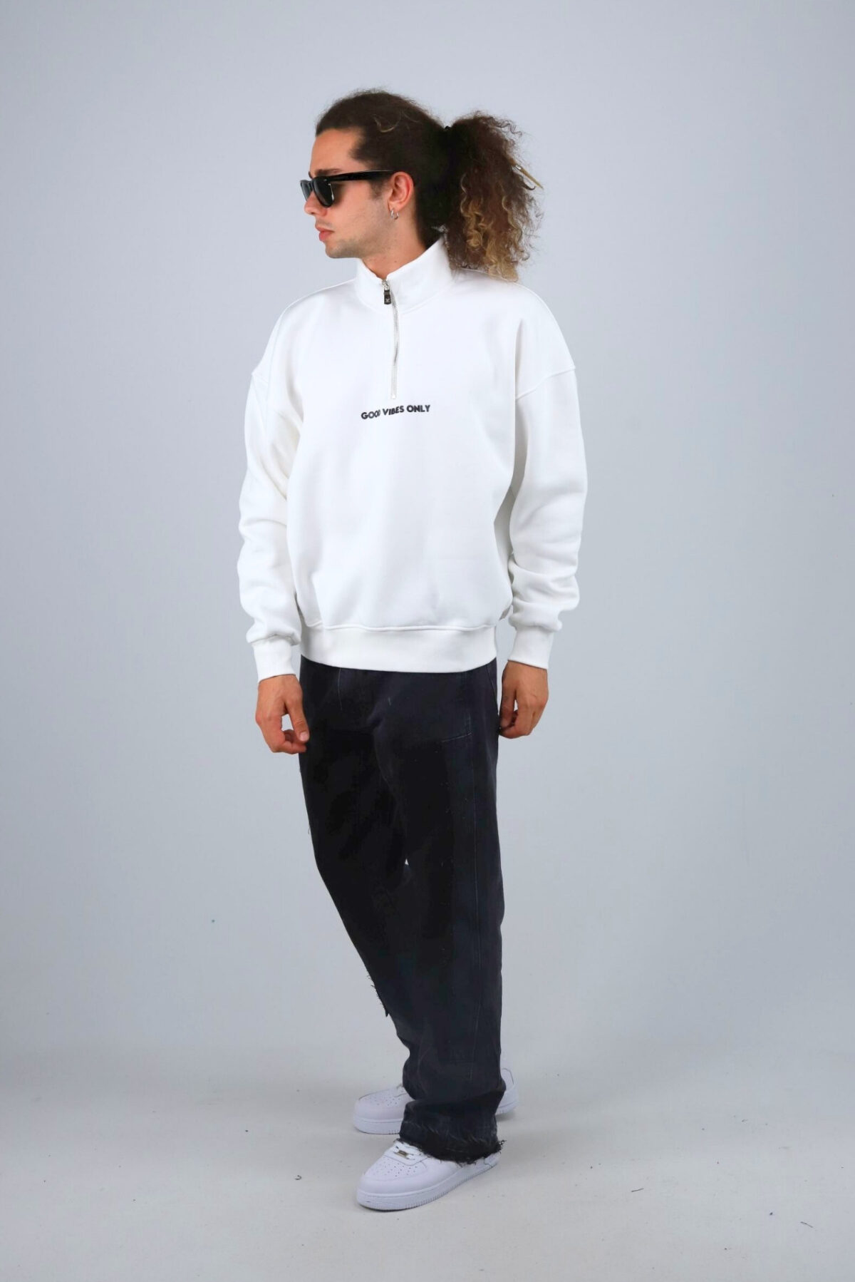 Vibes Yarım Fermuar Ekru Sweatshirt