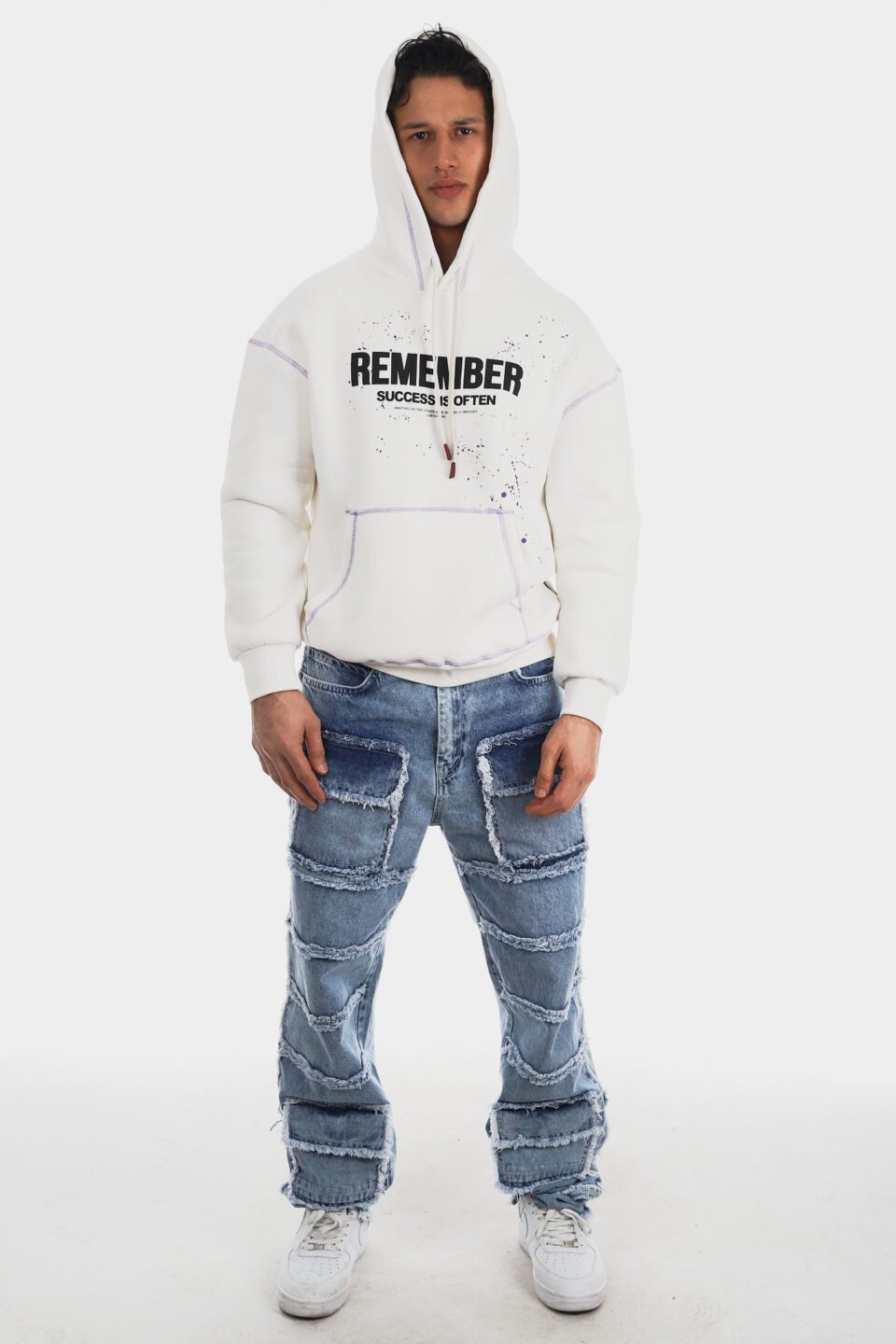 Boyamalı Beyaz Hoodie