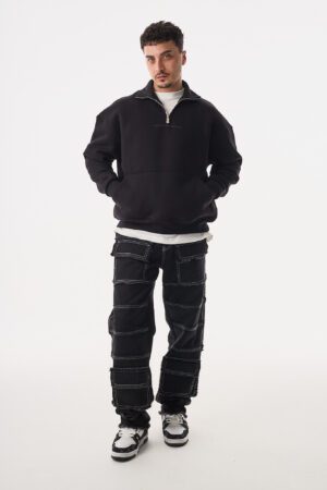 Tek Yazı Yarım Fermuar Siyah Sweatshirt