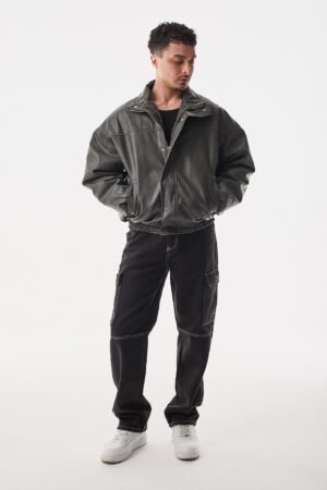 Oversize Yarasa Antrasit Suni Deri Ceket