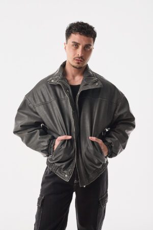 Oversize Yarasa Antrasit Suni Deri Ceket