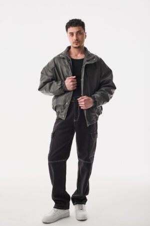 Oversize Yarasa Antrasit Suni Deri Ceket
