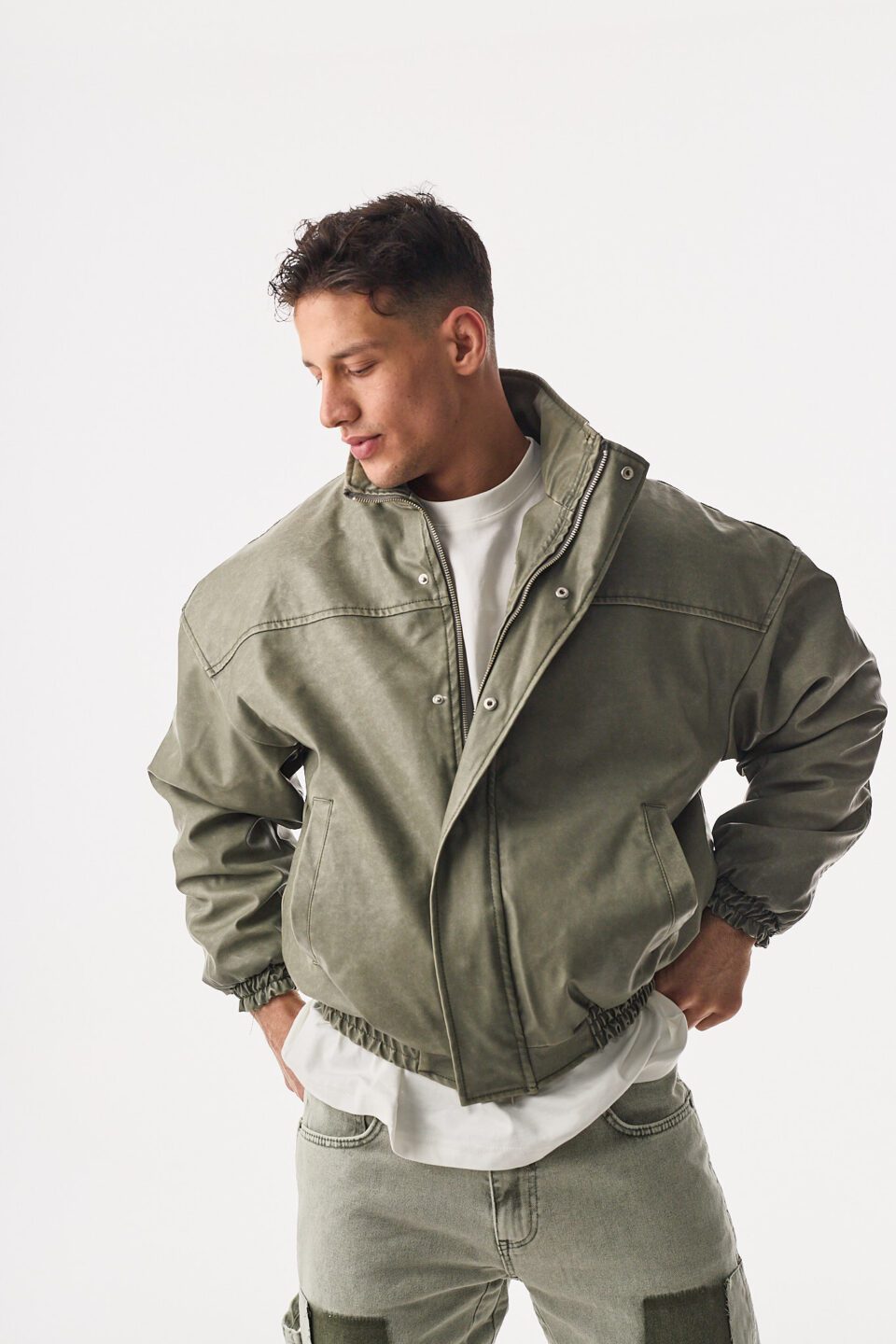 Oversize Yarasa Yeşil Suni Deri Ceket