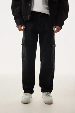 375-410PT006-Velour-Siyah-Baggy-Kargo-Pantolon